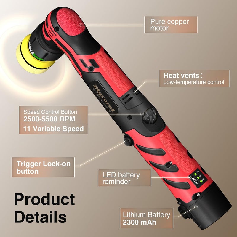 Blycorul Cordless Mini Polisher,1/1.5/2Inch,DA&RO with 11 Variable Speed 2500-6000 RPM,2.3Ah Rechargeable Battery,Red Car Detailing Micro Polisher - Image 5